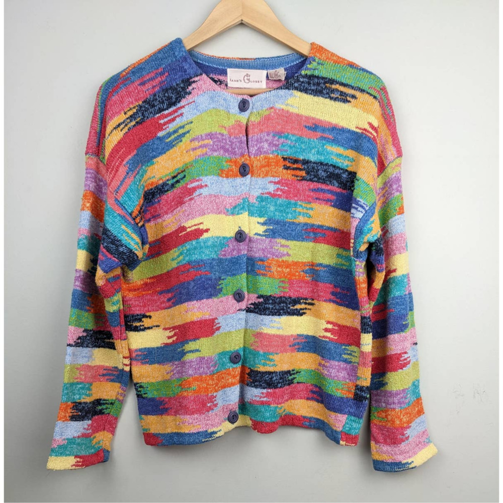 Vintage Cardigan Sweater Colorful Aztec Print Rainbow Cotton Ramie Linen Blend M